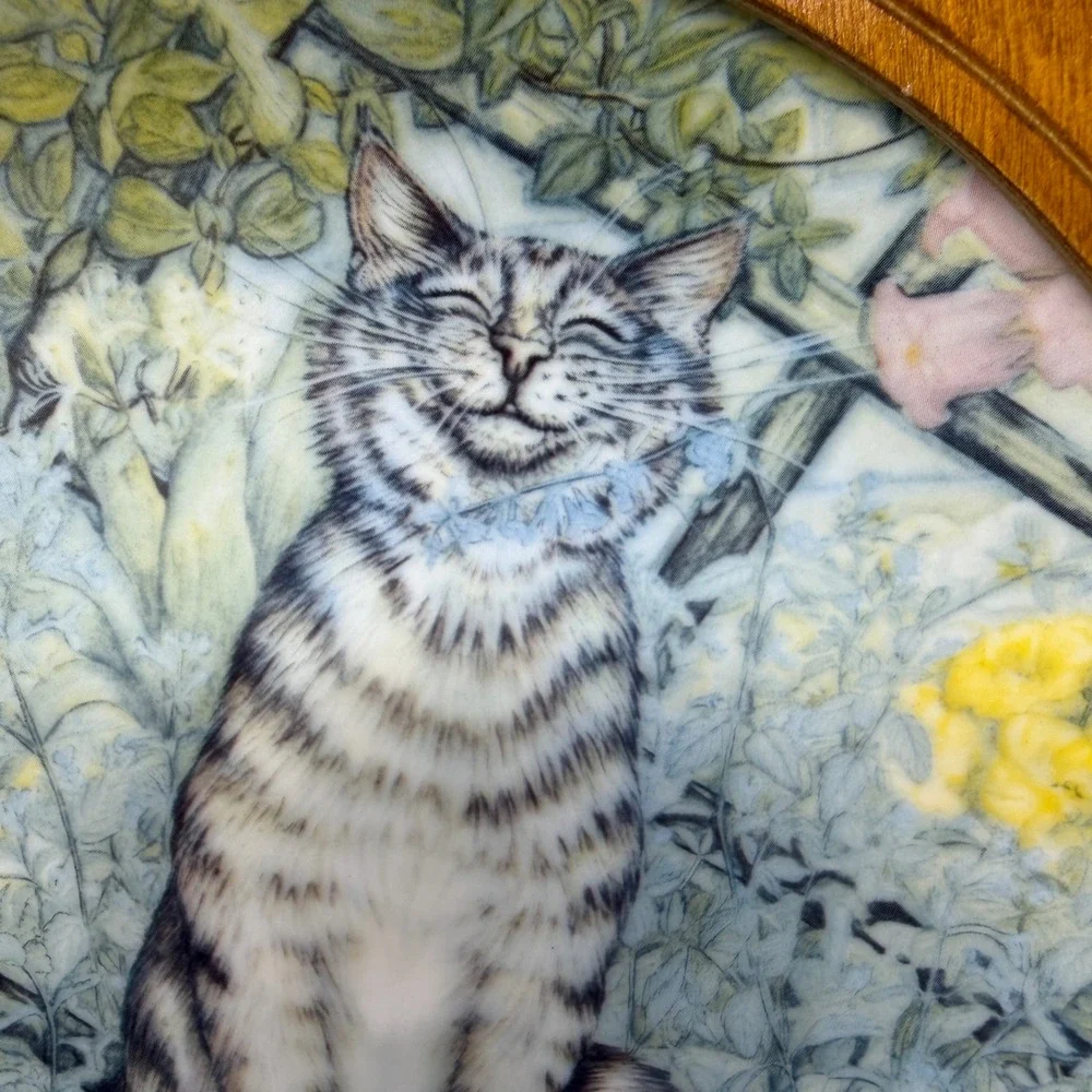 Vintage 1982 Zoë Stokes Framed Happy Cat Wall Plate • Cottagecore Decor